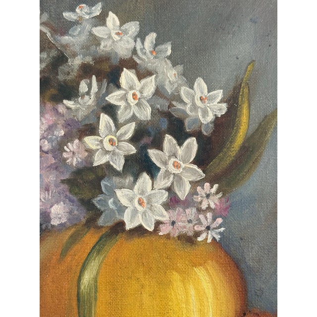 Blue Mid 20th Century Narcissus Still Life, Mid-Century Oil Painting For Sale - Image 8 of 8