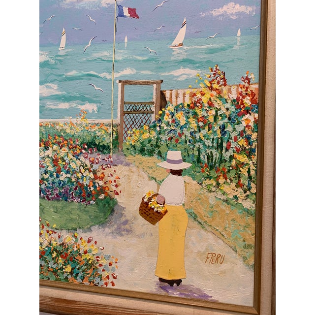 A delightful painting from an unknown artist done in the manor of Monet. Subject is a flower garden by the sea. Comes...