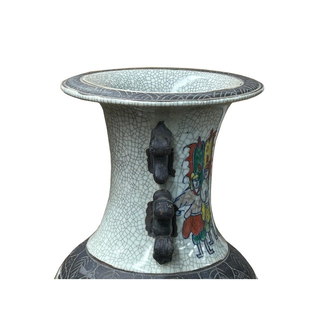 Gray Orient Crackle Gray Warrior Graphic Artistic Pottery Ceramic Vase For Sale - Image 8 of 17