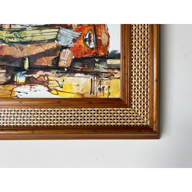 1970s Vintage Boat in Harbor Oil Painting, Signed For Sale - Image 5 of 12