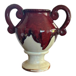 Vintage Red & Cream Studio Pottery Double Handled Vessel For Sale