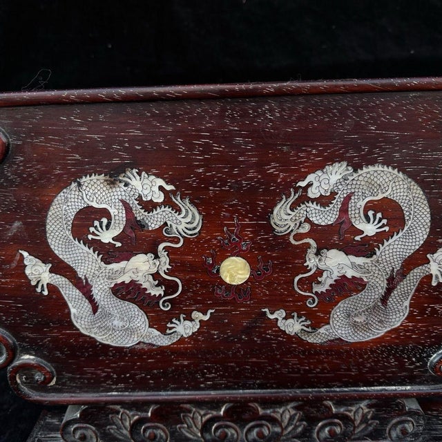 Vintage Chinese Zitan Wood Table Screen With Mother of Pearl "Two Dragons" Inlay For Sale In Los Angeles - Image 6 of 9