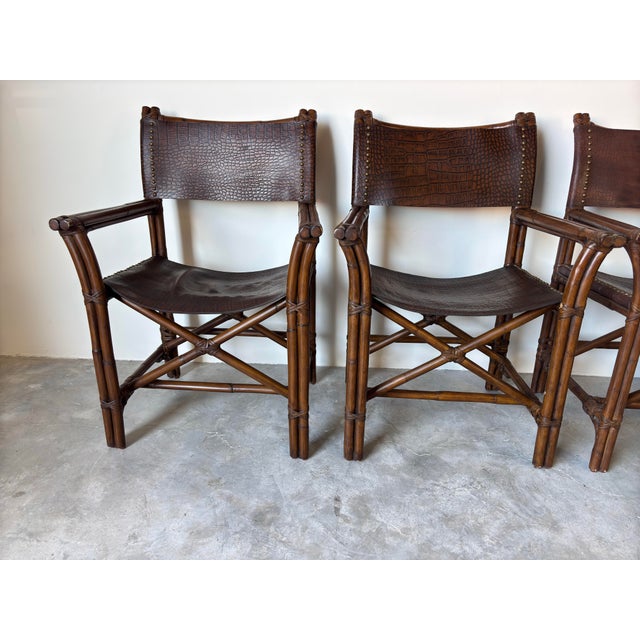 Vintage McGuire-Style Rattan and Faux Crocodile Leather Dining Chairs – Set of 4 For Sale - Image 4 of 11