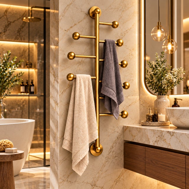 Brass Wall Mounted Towel Rack | Vertical Multi-Arm Towel Holder | Luxury Bathroom Decor | Modern Brass Towel Bar With Finials 36 Inches For Sale - Image 10 of 11