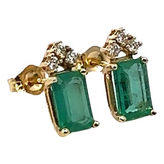 Natural Emerald Diamond Stud Earrings 14k Yellow Gold 1.59 TCW Certified For Sale