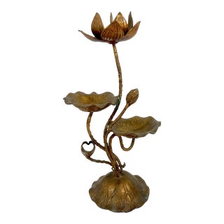 Vintage Old Gold Lotus Leaf and Flower Candlestick Holder For Sale