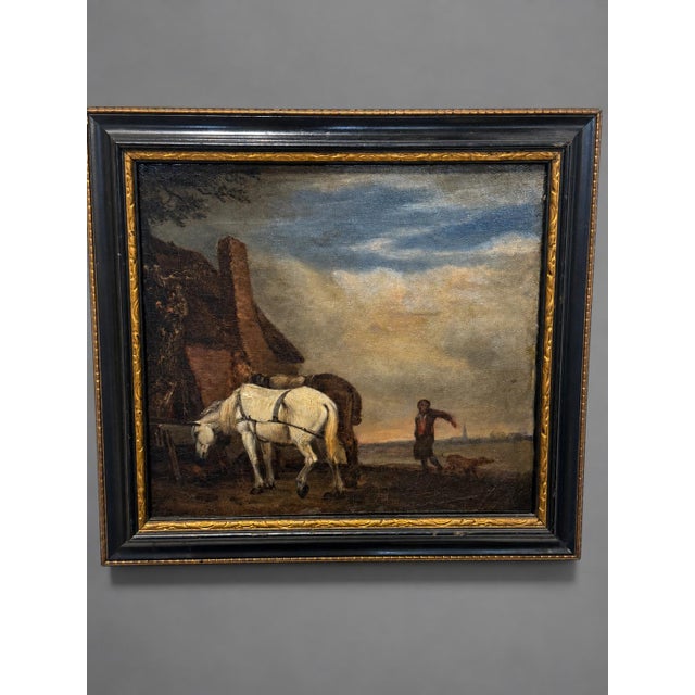 Rustic European After Paulus Potter (1649), "Horses Tethered at a Cottage Door" 18th Century For Sale - Image 3 of 10