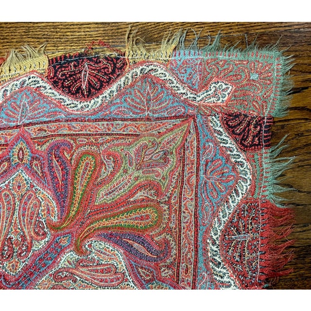 Black Share Huge Antique 1800's Victorian Kashmir Wool Paisley Shawl Embroidery Tapestry Art For Sale - Image 8 of 18
