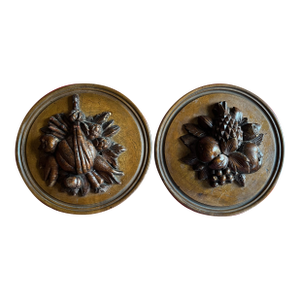 Antique 19th Century Victorian Carved Wood Round Wall Plaques With Fruit and Vegetable Trophies - A Pair