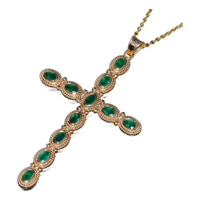 Certified Natural 2.78cts Emerald 18k 750 Solid Gold Filigree Cross Byzantine Etruscan Pendant For Sale