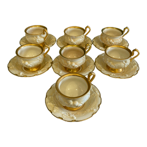 Antique Ernst Bohne Söhne Cherub Teacup and Saucer With Gold Trim Set- 14 Pieces