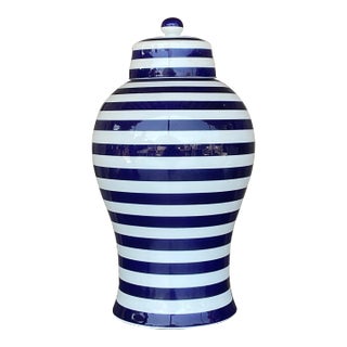 Vintage Contemporary Glazed Ceramic Striped Ginger Jar For Sale