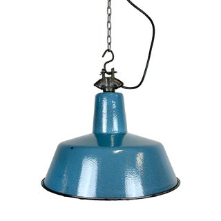 Industrial Blue Enamel Factory Lamp with Cast Iron Top, 1960s For Sale