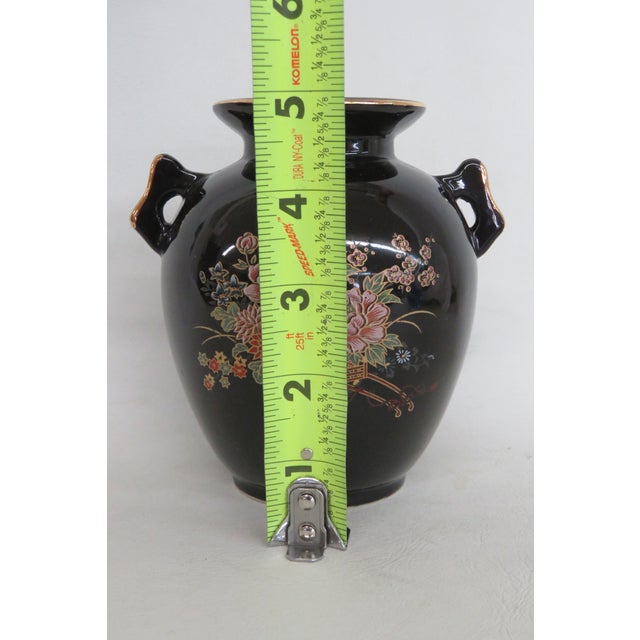 Ceramic Japanese Porcelain Small Handled Vase Black With Gold Trim Floral Motif 5022b For Sale - Image 7 of 11