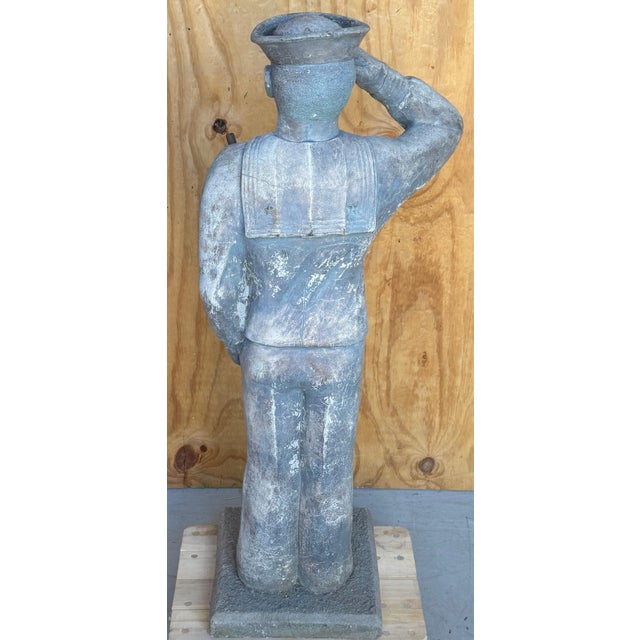 WPA Style Cast Stone Garden Flag Bearer Statue of a Handsome Navy Sailor For Sale - Image 10 of 11