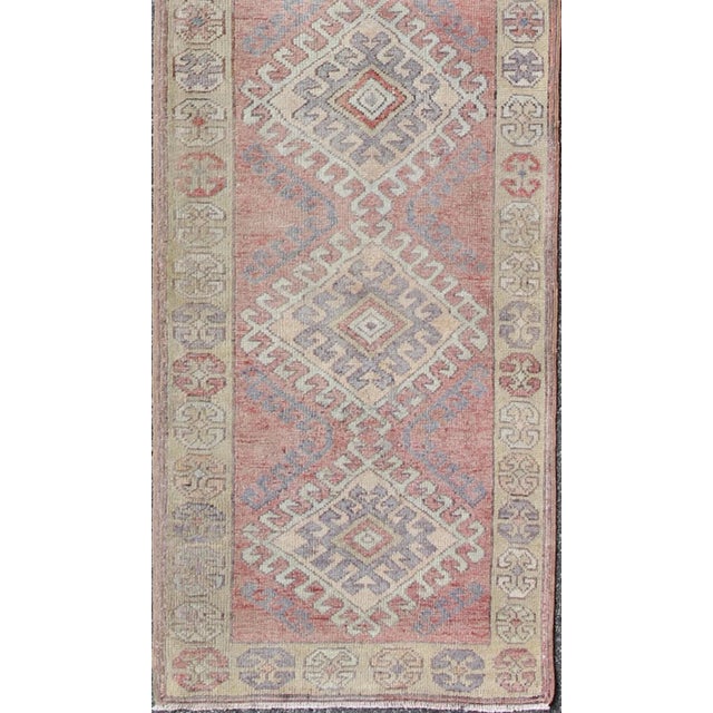 Vintage Turkish Oushak Runner in Soft Rose, Pale Blue, and Faded Ivory 2'11 X 14'3 For Sale - Image 4 of 9