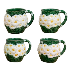 Vintage Ceramic Daisy Motif Mugs, Set of 4