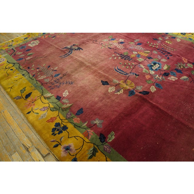 1920s Pink Rose Floral Antique Chinese Art Deco Carpet 9' X 12' Knotted Wool Rug For Sale - Image 10 of 11