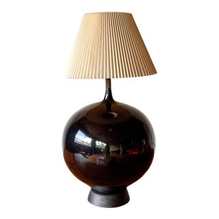Mid 20th Century Mid Century Modern XL Black Ceramic and Walnut Sphere Table Lamp For Sale