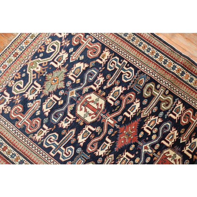 Textile Late 19th Century Antique Zabihi Collection Caucasian Perpedil Blue Rug - 3'5" X 5'1" For Sale - Image 7 of 17