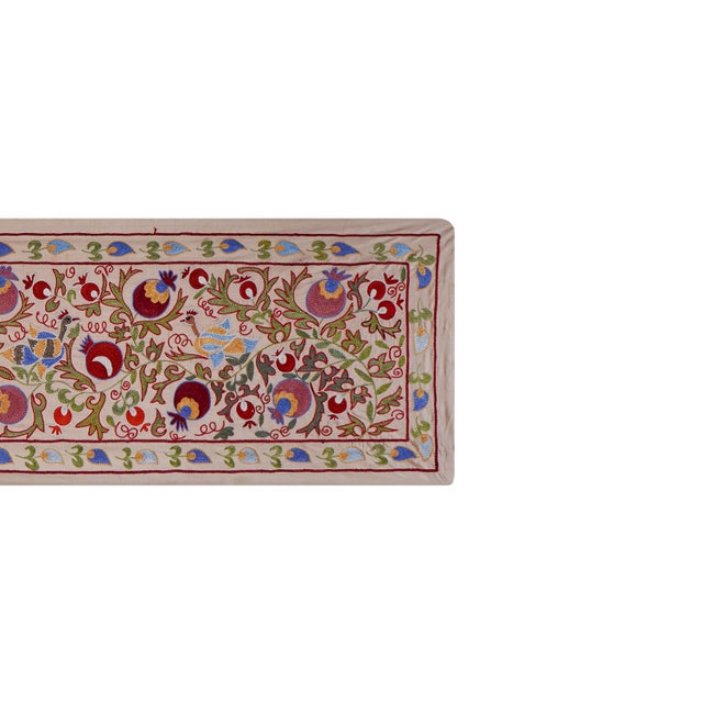 Mid-Century Modern Floral Suzani Embroidery - Silk Cotton Blend Bird Table Runner Tapestry 1'8'' X 6'3'' For Sale - Image 3 of 12