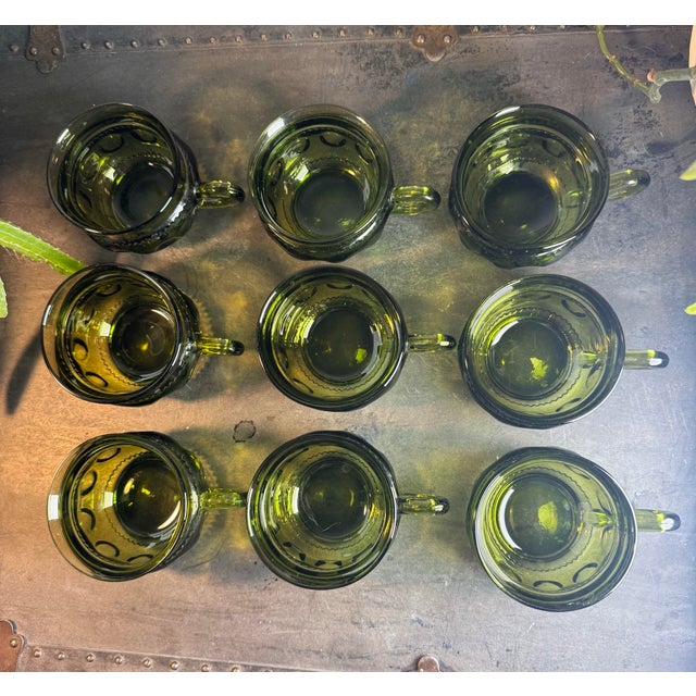 Indiana Glass Company Vintage Mid-Century Modern Indiana Glass Kings Crown Thumbprint Avocado Green Coffee / Punch Cups Set of 9 For Sale - Image 4 of 5