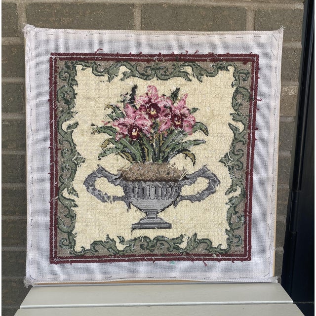 Early 21st Century Vintage Cross Stitch Flowers in Urn on Working Frame For Sale - Image 5 of 6