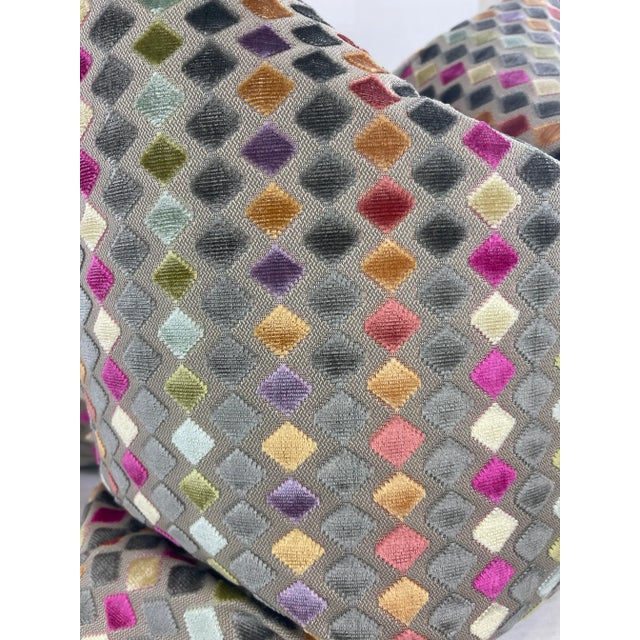 Transitional Diamond Cut Velvet on Woven in Multi 22" Pillows-A Pair For Sale - Image 3 of 4