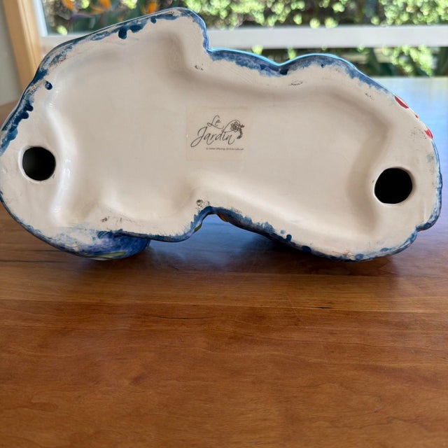 Le Jardin 12" Blue Ceramic Sleeping Cat Figurine W/ Bird & Floral Design – Rare For Sale - Image 9 of 9