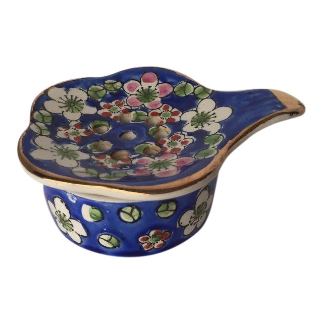 Vintage Floral Porcelain Tea Strainer & Holder - 2 Piece For Sale