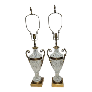 Mid 20th Century Pair Warren Kessler Empire-Style Cut Crystal and Brass Duck Mounts Table Lamps