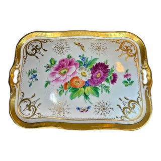 Antique Hand Painted Porcelain Handled Serving Tray For Sale
