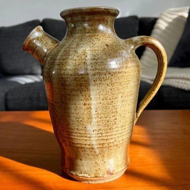 Artist-Crafted Pottery Pitcher, Brown-Speckled Glaze, Artist Signed For Sale - Image 9 of 12