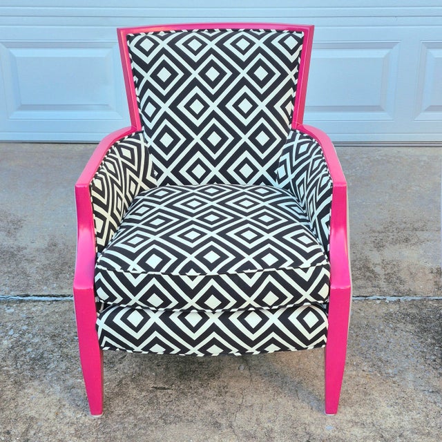 Modern Sam Moore Hooker Furniture Fuschia Black & White “Nadia” Exposed Wood Bergere Lounge Chairs, a Pair For Sale - Image 3 of 12