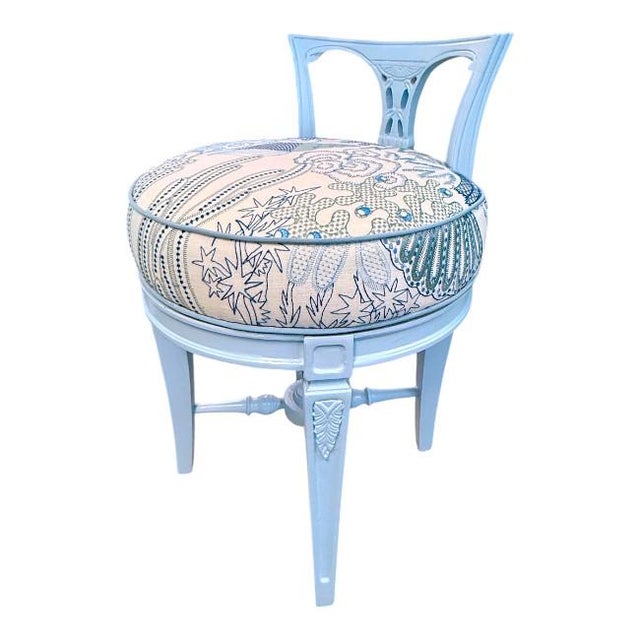 Mid 20th Century Vintage Vanity Stool in Benjamin Moore Soft Sky Blue With Cowtan & Tout Upholstery For Sale - Image 5 of 6