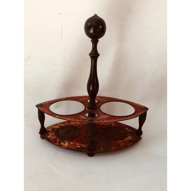 French late 18th-early 19th century tole red painted, with gold decoration, oil and vinegar holder. Also would have held...