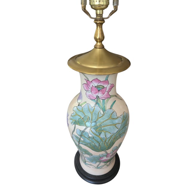 Antique Chinoiserie Porcelain Enamel Lotus Flower Vase Lamp For Sale - Image 11 of 18