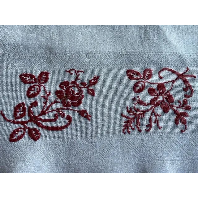 Textile Vintage Red and White Linen Tablecloth Embroidered in Cross Stitch For Sale - Image 7 of 11