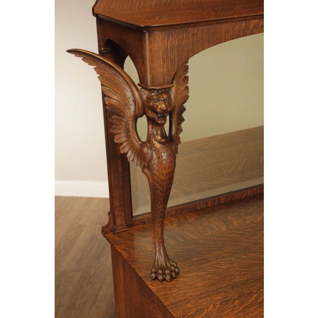 Antique Victorian Winged Griffin Carved Oak Sideboard Buffet For Sale In Philadelphia - Image 6 of 13