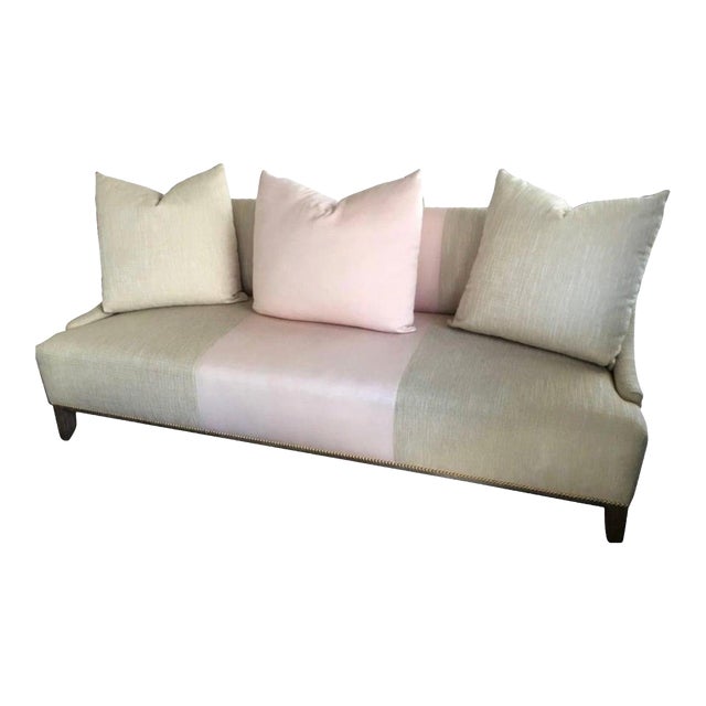 Beige Linen & Pink Fabric Custom Made “Fashionista” Sofa with Matching Pillows For Sale