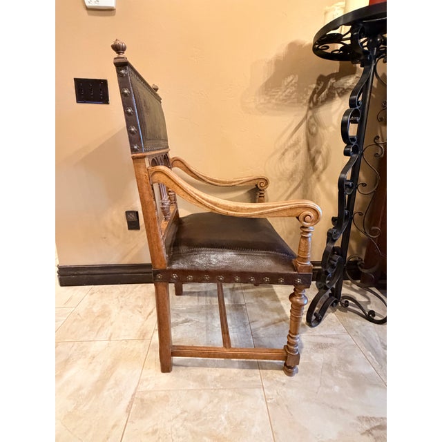 Vintage Renaissance Revival Carved Wood and Embossed Leather Armchairs – A Pair For Sale In Oklahoma City - Image 6 of 11