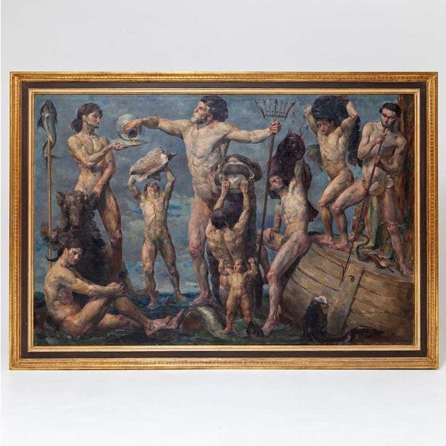 Large-format painting of a mythological scene with references to Triton and other sea creatures as well as male nude...