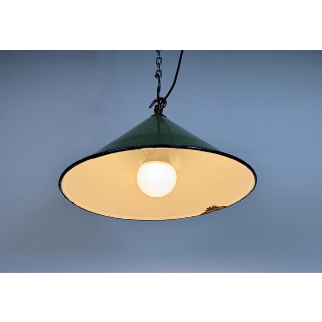British Industrial Green Enamel Factory Pendant Lamp, 1950s For Sale - Image 9 of 15
