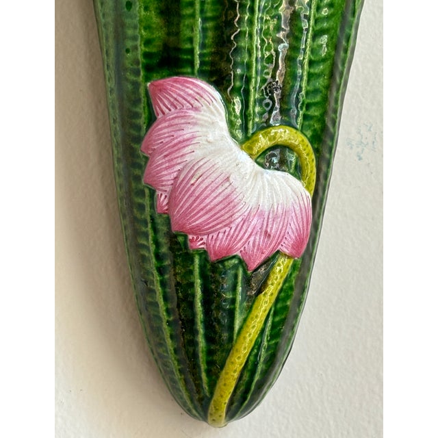 1950s Japanese Lotus Flower Ceramic Majolica Wall Pocket For Sale In Baltimore - Image 6 of 11