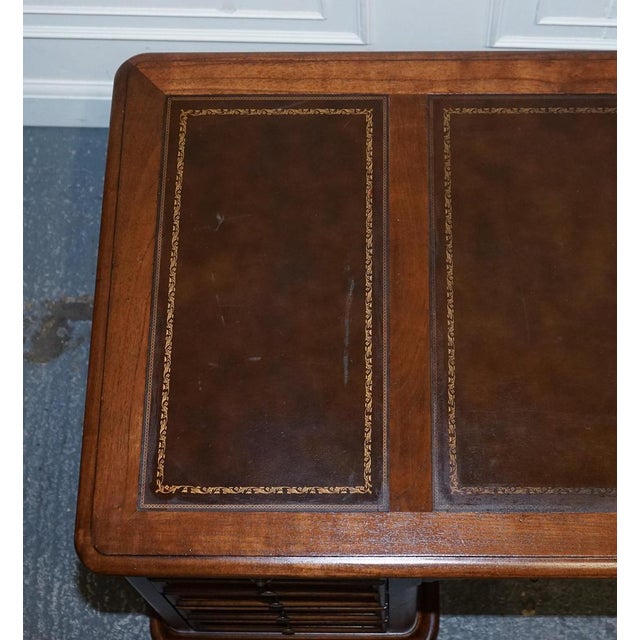 Vintage Hekman Usa Twin Pedestal Desk with Brown Leather Top Brass Handles For Sale - Image 13 of 18