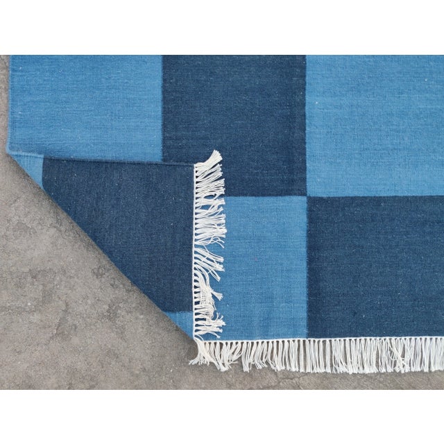 Casa Cosima Handmade Vegetable Dyed Woolen Checked Pattern Rug Sky Blue and Navy Blue - 8x10 For Sale - Image 4 of 8
