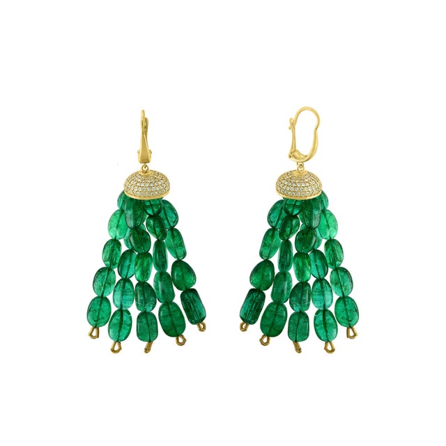 150 Carat Emerald Beads and Diamond Hanging/ Drop Earrings 14 Karat Yellow Gold For Sale - Image 4 of 18