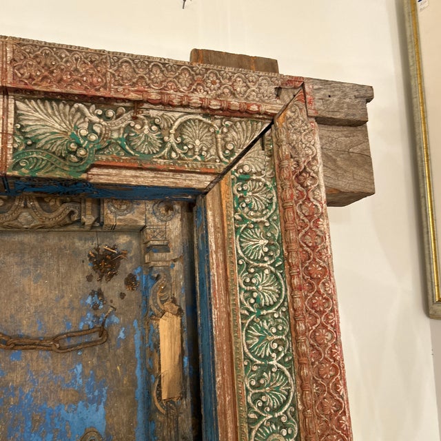 Early 18th Century Antique Hand Carved Weathered Indian Teak Palace Entrance Door For Sale - Image 5 of 12