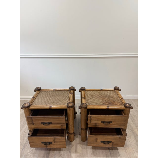 Wood Pelican Reef Vintage Bamboo and Rattan Pair of Nighstands For Sale - Image 7 of 12
