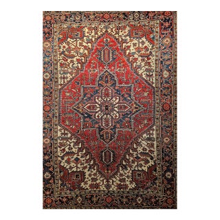 Early 20th Century Persian Heriz, Hand-Knotted Wool, Geometric Pattern, Vegetable Dyes, Red & Navy, 7x9 For Sale